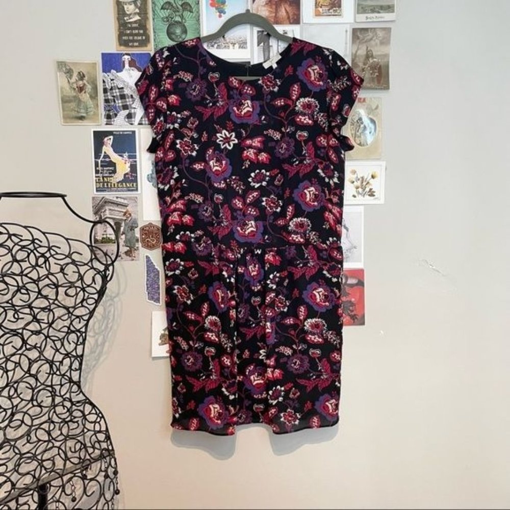 JOIE SILK ROUND NECK SHORT SLEEVE PLEATED SKIRT FITTED WAIST FLORAL MINI DRESS S